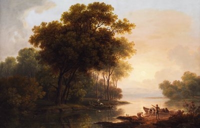 Boomlandschap met uitzicht op een oever in mistig avondlicht door Franz Scheyerer